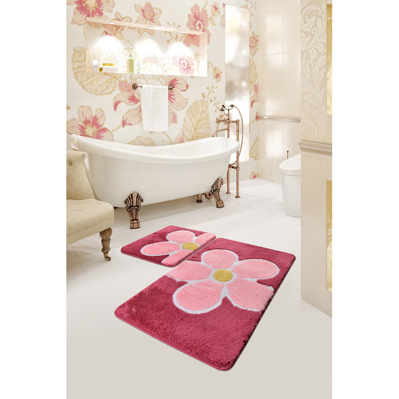 Floral 2 Piece Bath Rug Set, Pink/Red
