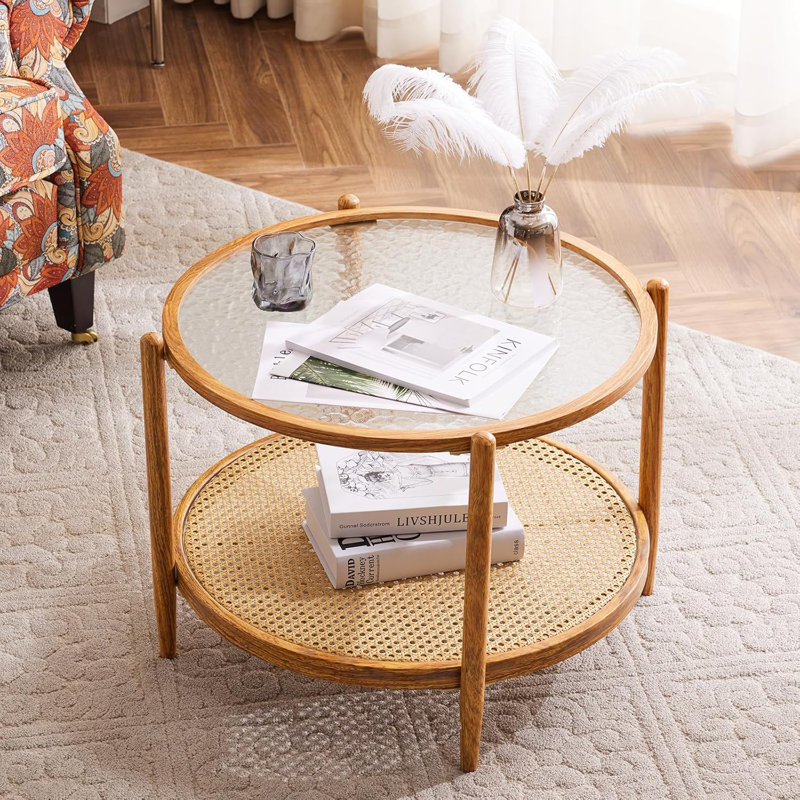 25.59in Double-Layered Round Water Ripple Glass And PE Rattan Tabletop Matched With Heat Transfer Wood Grain Iron Frame Coffee Table