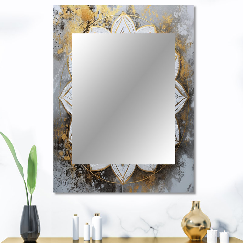 White And Gold Mandala V - Boho Mandala Decorative Wall Mirror, Traditional Large Mirror, Printed Metal Art, 40" x 30"
