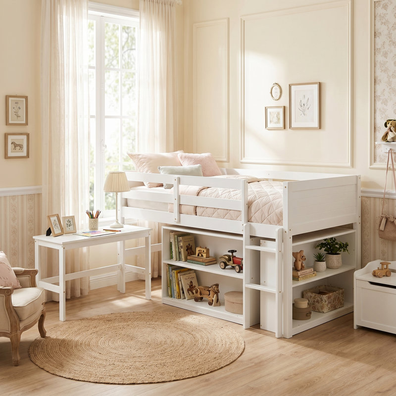 Lit mezzanine simple en bois massif avec bureau et tablettes, finition blanche, pour chambre d'enfant