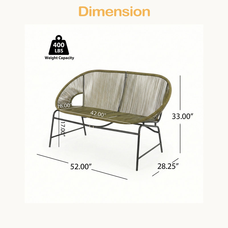 OUTDOOR PATIO WICKER LOVE SEAT, PE RATTAN & IRON FRAME, SET OF 1, Green