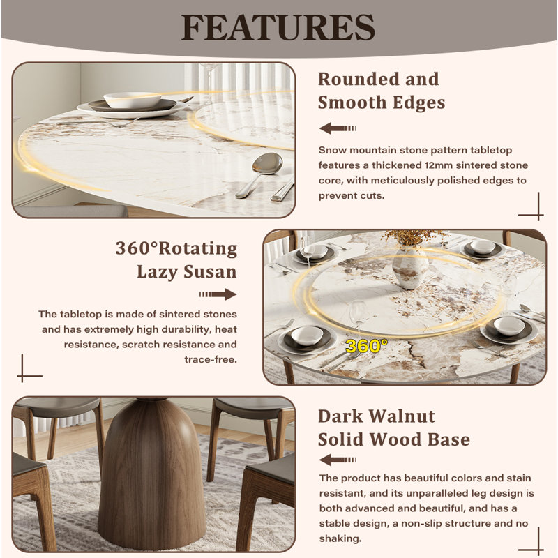 Amberly Stylish Round Dining Table With Lazy Susan - Stone Top And Solid Wood Base For Modern Dining, Pandora