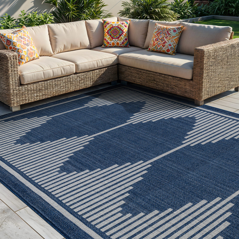 Geometric Navy/Ivory Easy-Care Jute-Style Indoor/Outdoor Flat Woven Area Rug, Rectangle 9' x 12', Navy