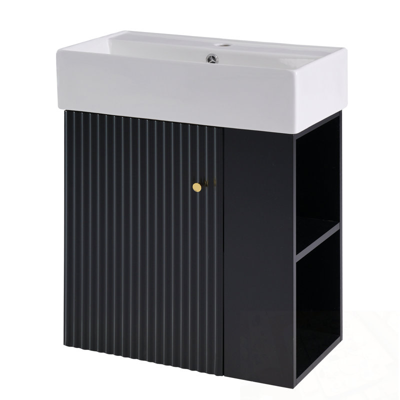 Meuble-lavabo flottant avec lavabo en céramique et rangement à droite, Noir