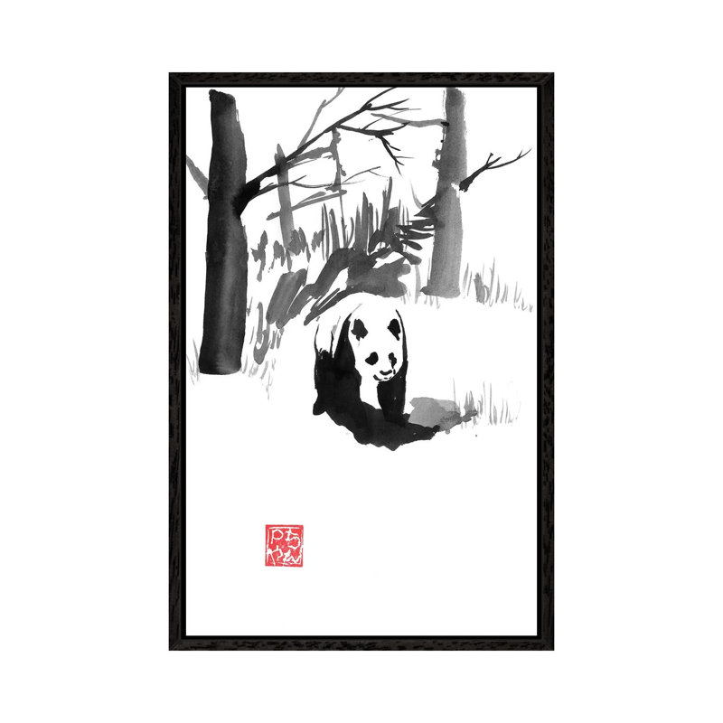 Panda In The Forest by Péchane - Painting on Canvas, 101.6 cm H x 66.04 cm W, Black Framed