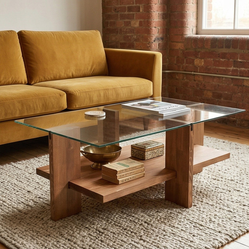 Aurelius Modern 41" Rectangle Solid Wood Frame Coffee Table With Tempered Glass