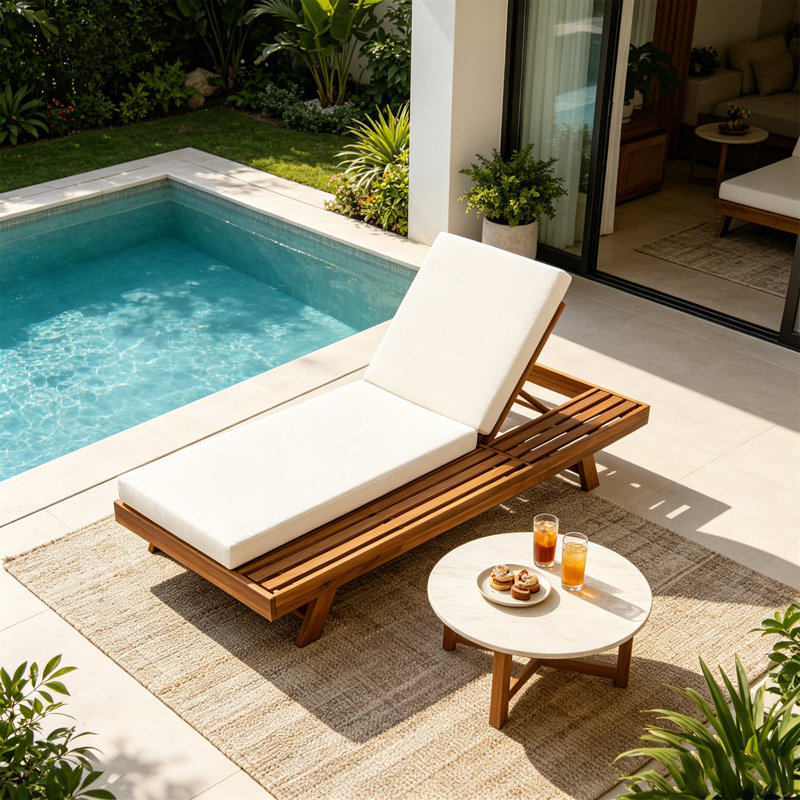 LONGUE ENSEMBLE DE CHAISE, DE L'ESPACE D'UN CÔTÉ, EN BOIS D'ACACIA AVEC COUSSINS DE SALON RÉSISTANT À L'EAU (CRÉME ET ÉPAIS DE 4 POUCES) - ASSORTIR UNE VERSION GRIS FONCÉ