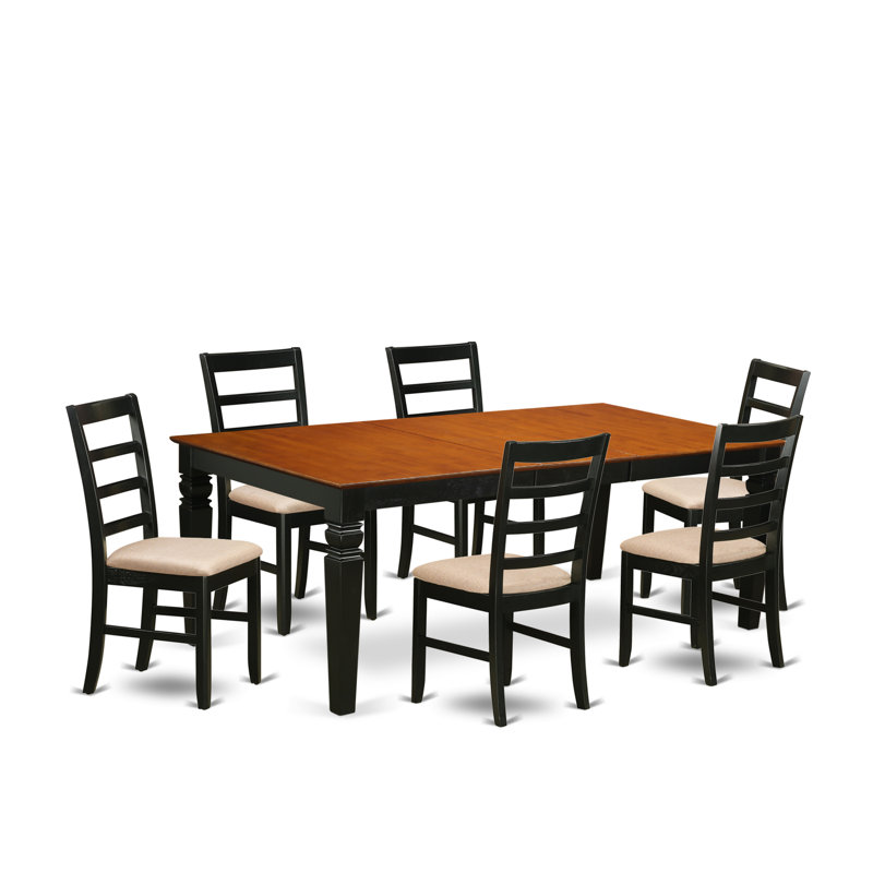 7 Piece Kitchen Table & Chairs Set Consist of a Rectangle Wooden Table with Butterfly Leaf and 6 Linen Fabric Dining Chairs, Black & Cherry