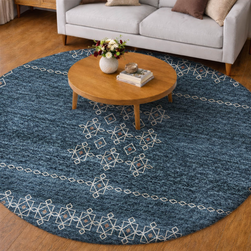 Premium Machine Washable Dream Shag ADS109 Tribal Rug, Blue, 8' Round