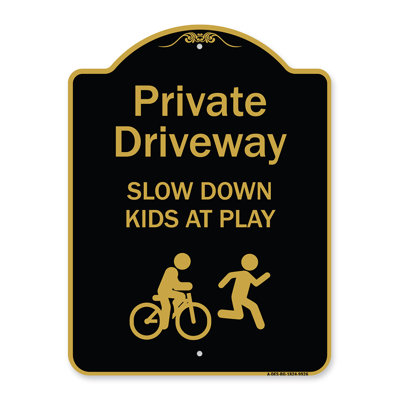 Signe de la série Design de Signmission - allée privée pour ralentir les enfants au jeu | Enseigne architecturale noire et dorée en aluminium de gros calibre 18 po x 24 po | Protégez votre entreprise et votre commune | Fabriqué aux États-Unis