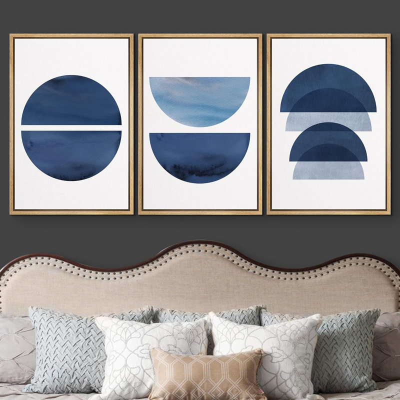 Bleu, demi-cercle, variété géométrique, formes géométriques, art numérique moderne bohème, 3 pièces, H 36 po x l 72 po