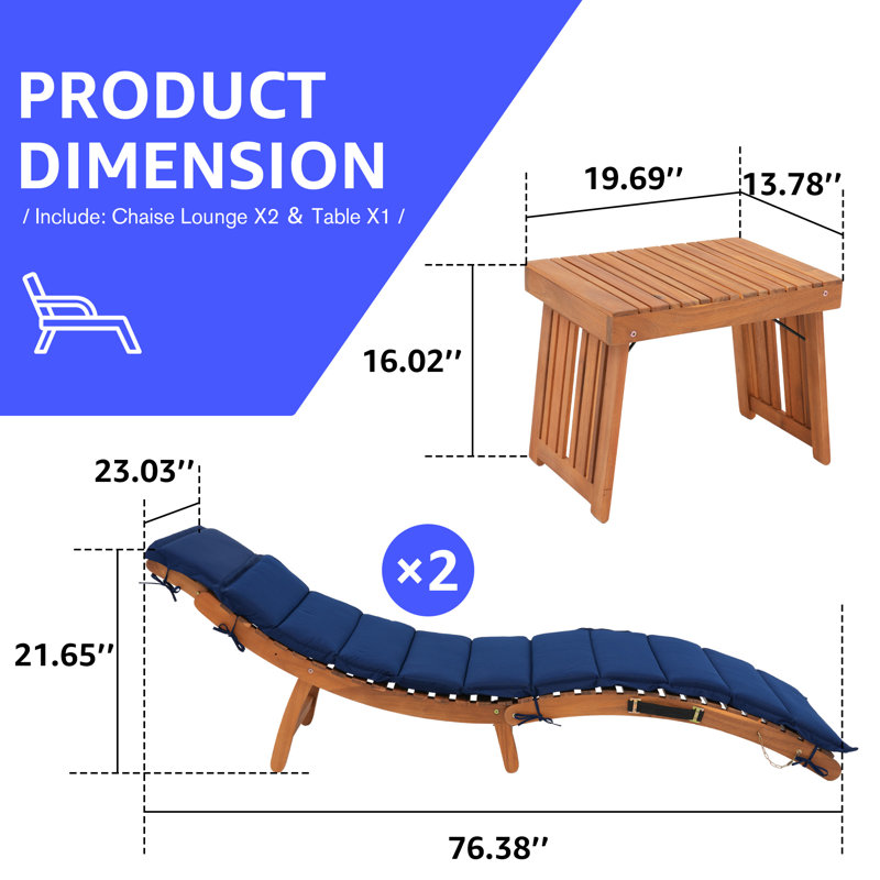 Rashara 74.8" Long Reclining Chaise Lounge Set with Cushions and Table, Navy