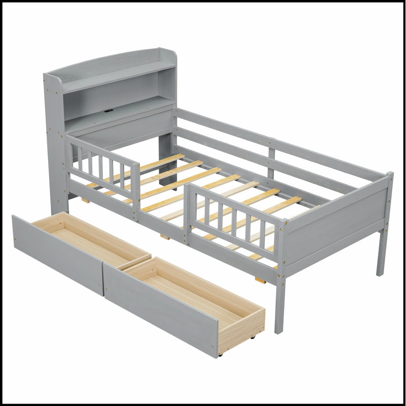 Lit plateforme en bois avec éclairage à DEL intégré, tête de lit multifonctionnelle, garde-corps et 2 tiroirs pour les chambres modernes