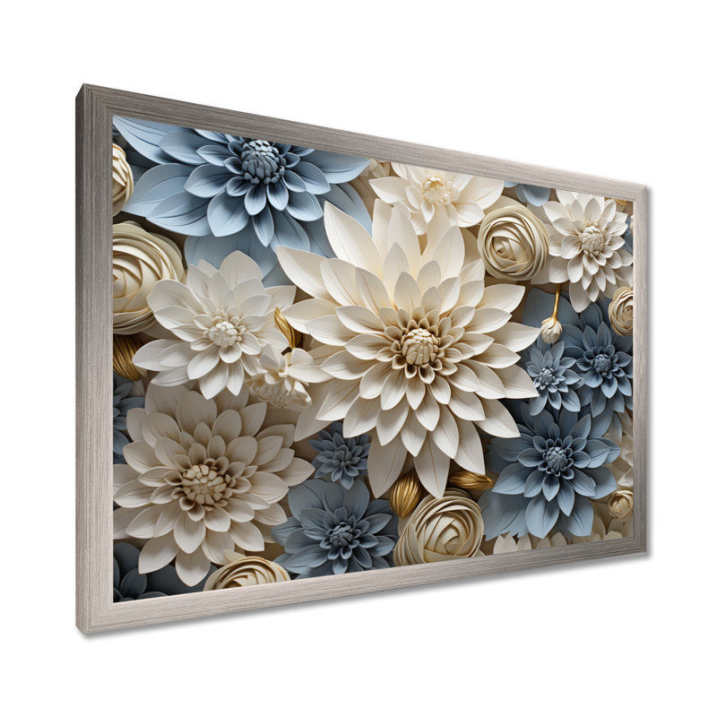 «Simplicity Mums Bloom» en beige et bleu pâle II - Mums, art mural, Cadre simple argenté, H 12 po x l 20 po x P 1 po