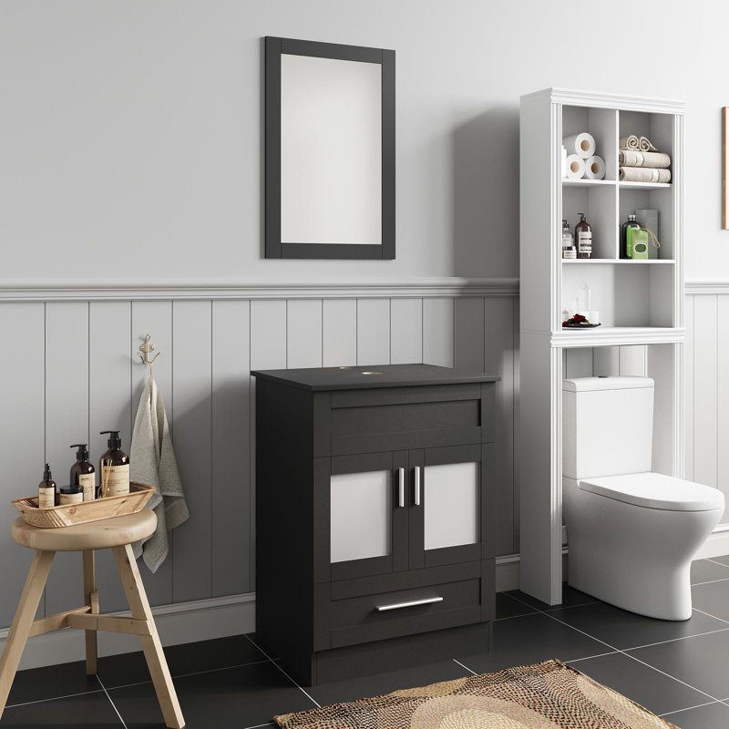 Freestanding Under Sink Cabinet with Drawer, Bathroom Storage Cupboard with Glass, Basin Vanity Unit, Black