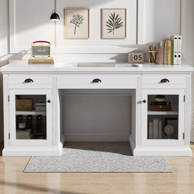 67" Modern Executive Desk with 2 Glass Door Storage Cabinet & 3 Drawers, Computer Desk with USB Ports & Power Outlets, White Home Office Writing Table