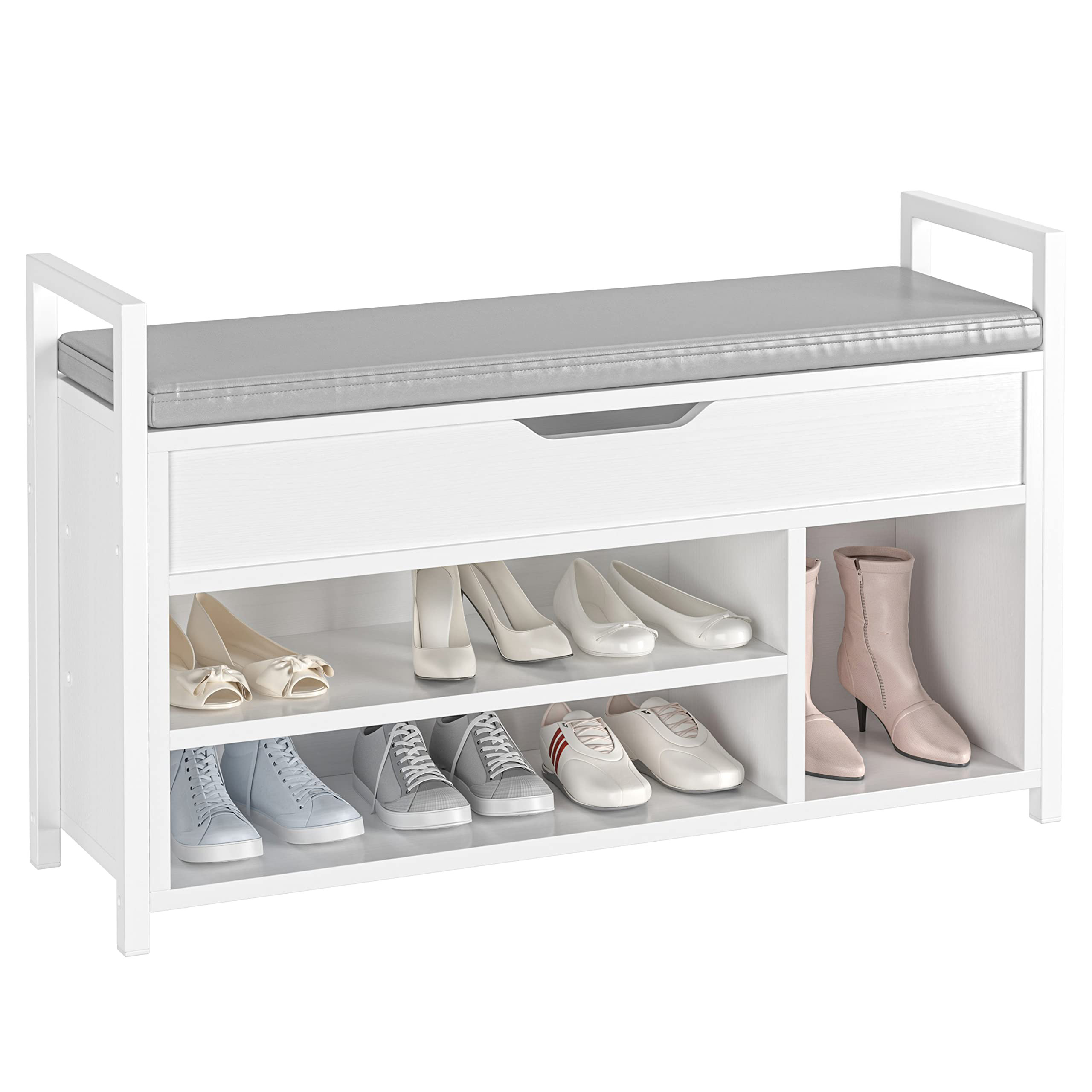 HOMCOM Compact Rustic Padded Wooden Shoe Rack Bench Organizer with Drawers - Country White