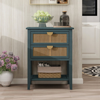 Table d'appoint à 2 tiroirs en rotin naturel, parfaite pour la chambre à coucher, le salon et le bureau, combinant rangement et style.