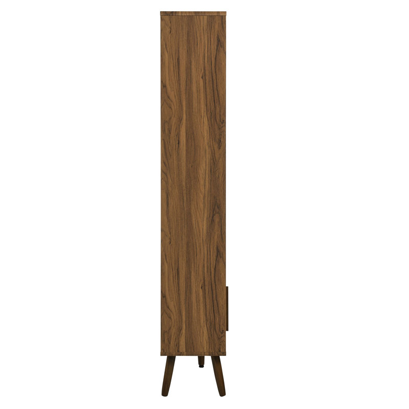 Walnut Linen 59" Wood Corner Bookcase with Sliding Doors