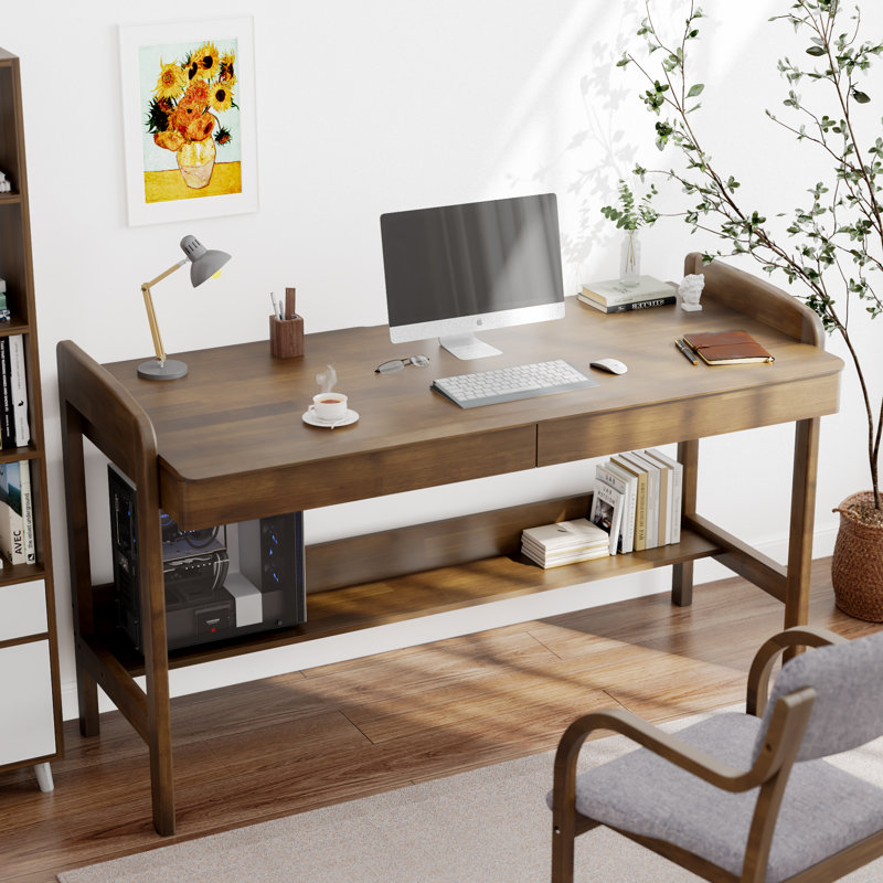 Bureau en bois massif avec tiroirs - Bureau d'ordinateur à hauteur réglable manuellement avec trou pour câbles, Brun