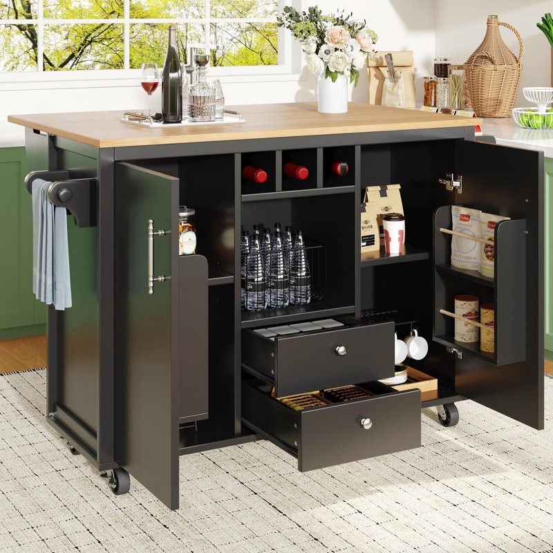 Kitchen Island With 2 Doors , 2 Drawers And Wine Rack, Black