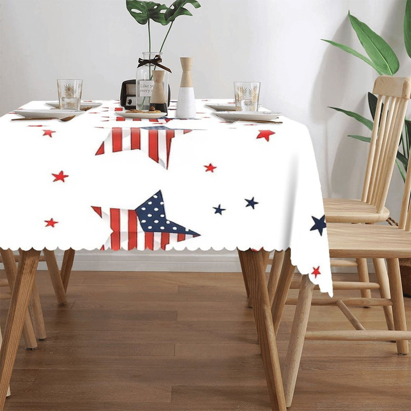US Flag Star Print Independence Day 60" x 120" Scalloped Rectangular Tablecloth for Dining Patio