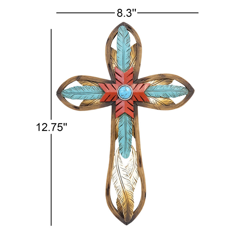 Polyresin Southwestern Eagle Feather Red, Turquoise and Brown Religious Hanging Wall Cross