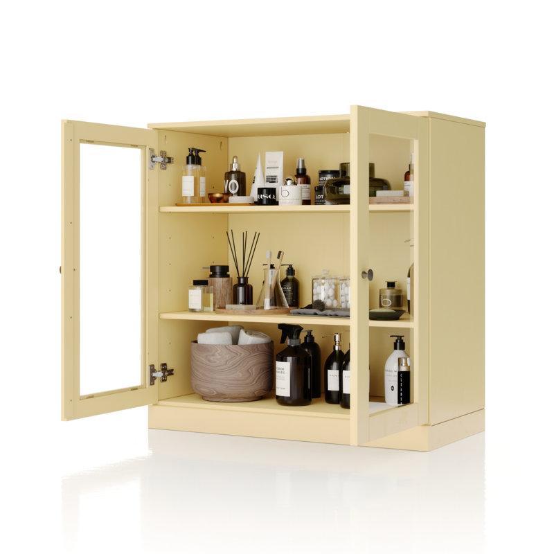 Armoire de salle de bain 100% bois massif 32 po avec portes en verre transparent et tablettes réglables, Jaune