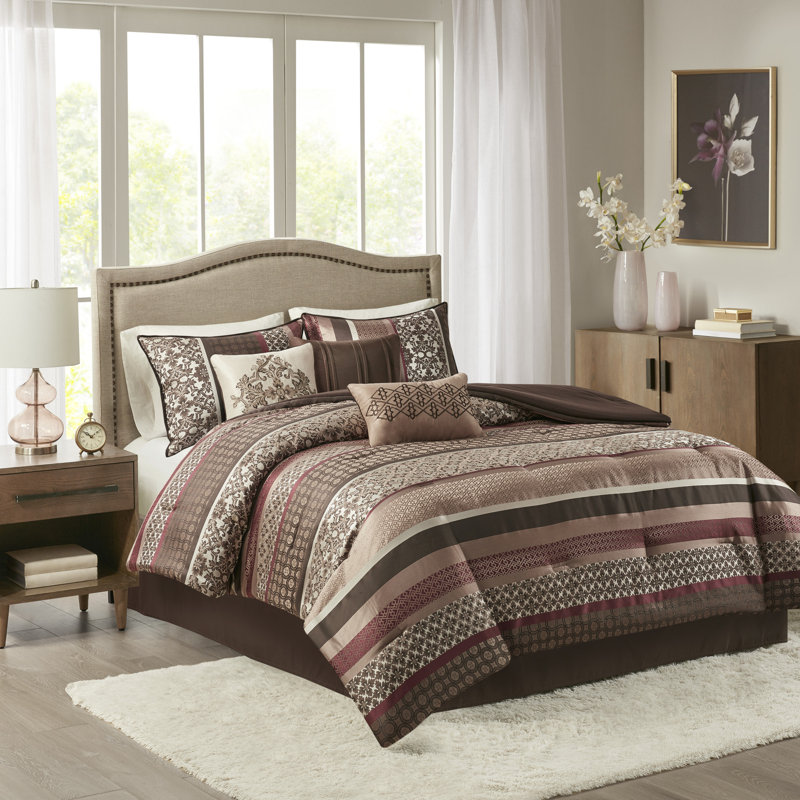 Ensemble d'édredon réversible 7 pièces Princ King Red Jacquard Princeton, Édredon très grand californien + 6 pièces, Rouge