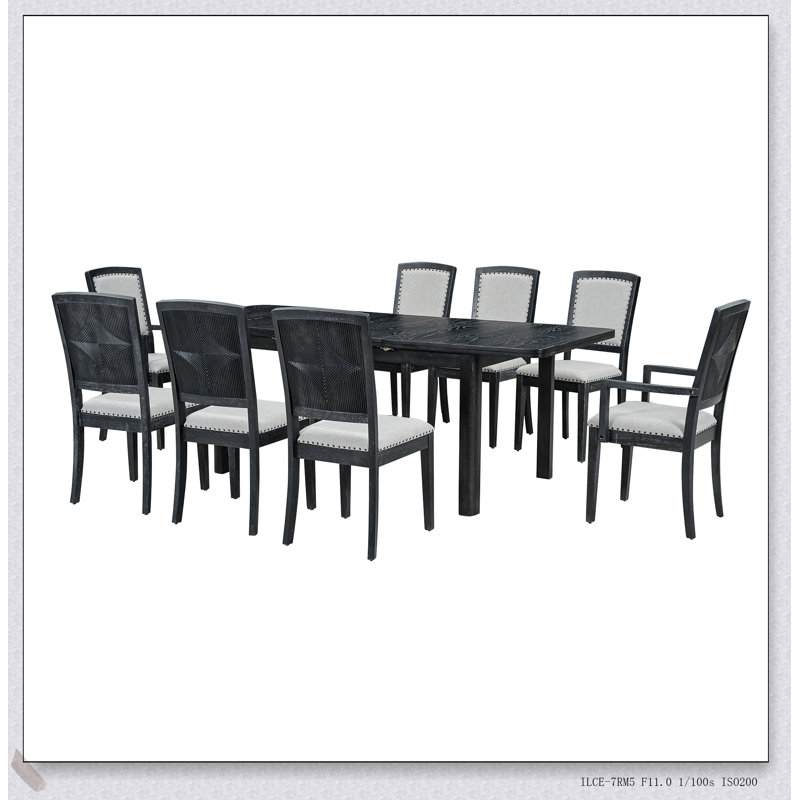 Ensemble de table de salle à manger extensible rustique de 84 pouces avec rallonge amovible de 24 pouces, 6 chaises sans accoudoirs rembourrées et 2 fauteuils rembourrés, 9 pièces