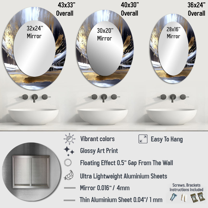 Gold Sturdy Guardians Accented With Grey II - Modern Oval Wall Mirror, 40" x 30"