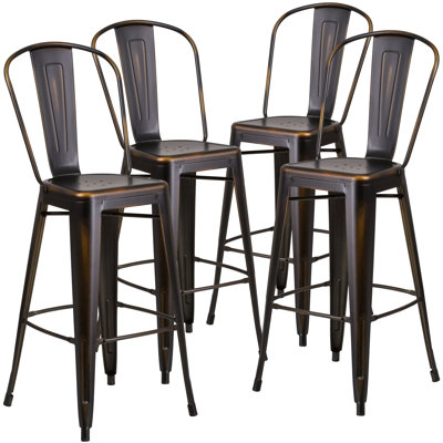 Commercial Grade Distressed Metal Indoor-Outdoor Counter Height Stool with Back
