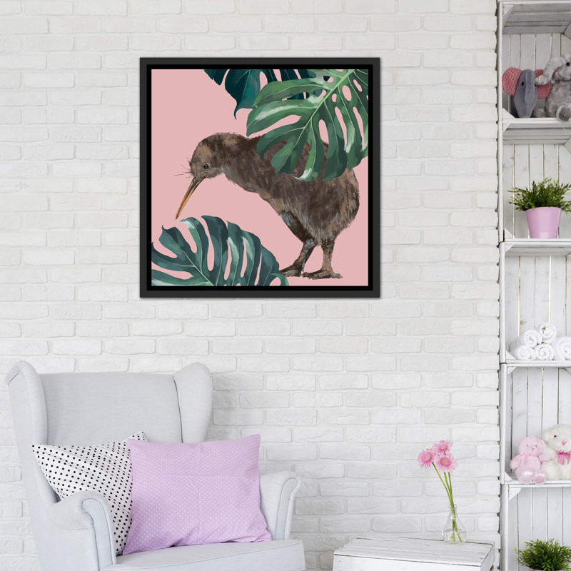 Kiwi oiseau avec monstera art, H 37 po x l 37 po x P 1,5 po, Toile avec cadre noir patiné