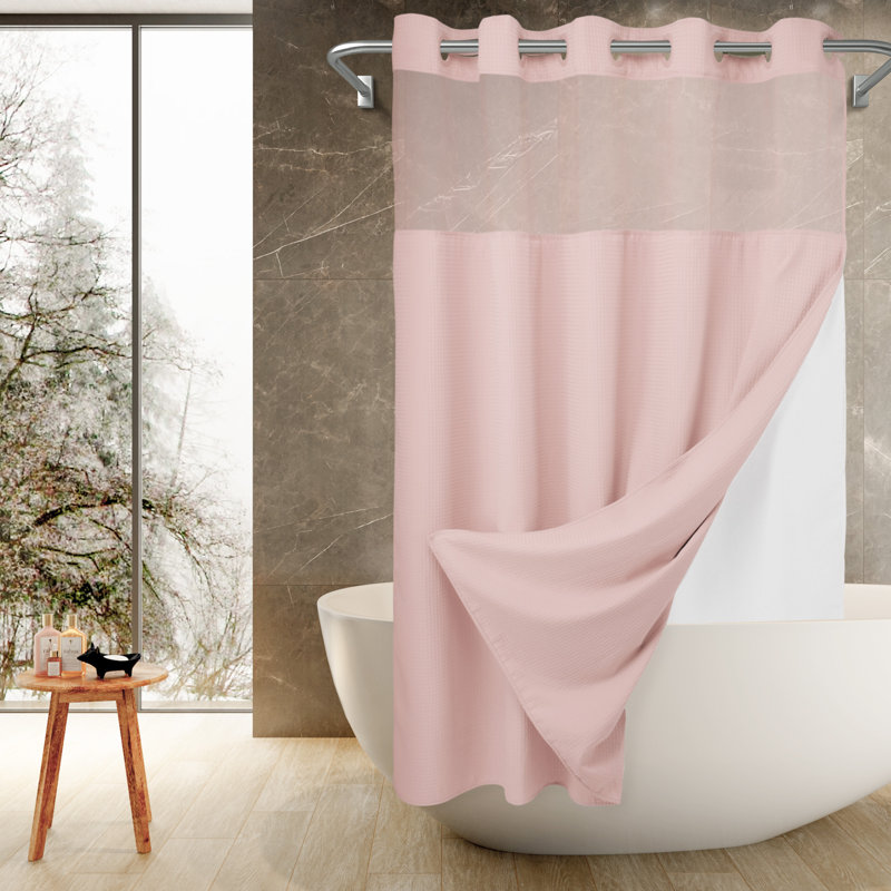 Ramjani Waffle Weave Shower Curtain With Snap in Liner, Sheer Window, 74"H x 71"W, Pink
