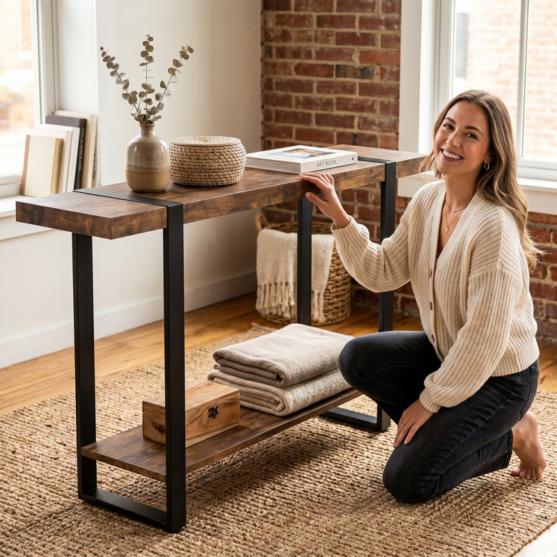2-Layer Entryway Table, Console Tables For Entryway, Use As Doorway Table, Sofa Table, Or Accent Furniture For Decorating Foyer 47 In Brown Reclaimed Wood Look Black Metal
