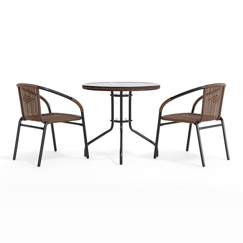 28'' Round Metal Table with Rattan Edging and 2 Rattan Stack Chairs, Dark Brown