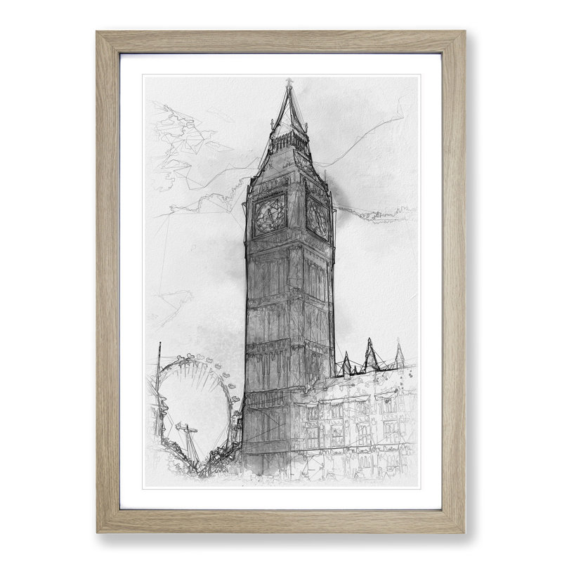 Big Ben and the London Eye Vol.1 - Picture Frame Drawing, Oak, 65cm H x 48cm W x 2cm D