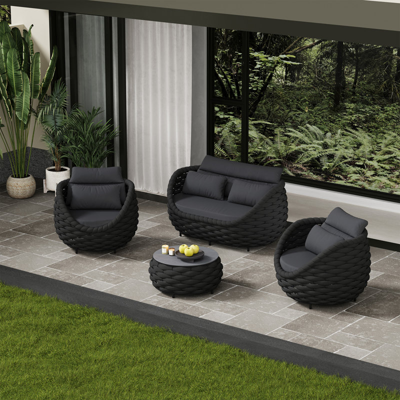 Ensemble de conversation d'extérieur à 4 places avec coussins Denea, Gris foncé, Gris foncé