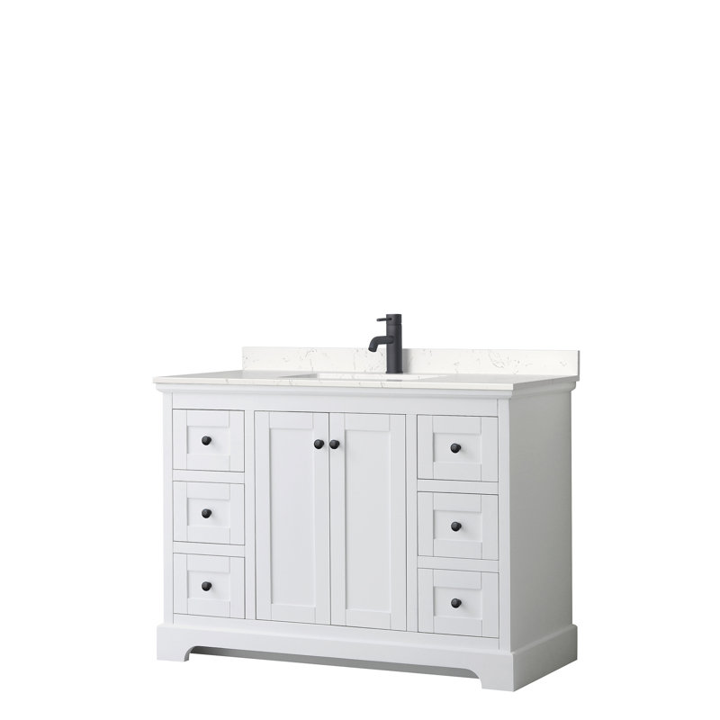 Ensemble de meuble-lavabo simple 48 po Avery, Or brossé, Marbre de culture de Carrare veiné clair, Blanc