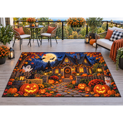 Tapis d'extérieur 152 x 213 cm (5 pi x 7 pi) à motifs citrouilles et fantômes d'Halloween, en PVC épais, imperméable et bouclé, idéal pour une terrasse ou une entrée. Séchage rapide.