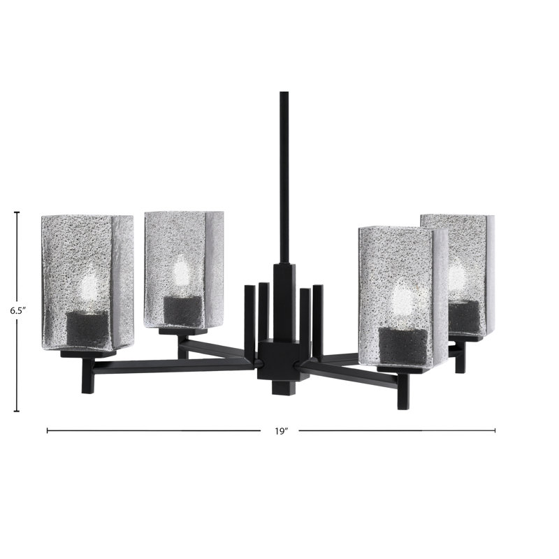 Franklin 4 Light, Chandelier, Graphite Finish, 3.5" Square Smoke Bubble Glass, Noir mat