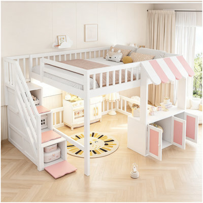 Lit mezzanine double avec marches de rangement, lumière DEL, armoires sous le lit, cadre de lit de style maison de jeu pour filles et garçons, blanc et rose