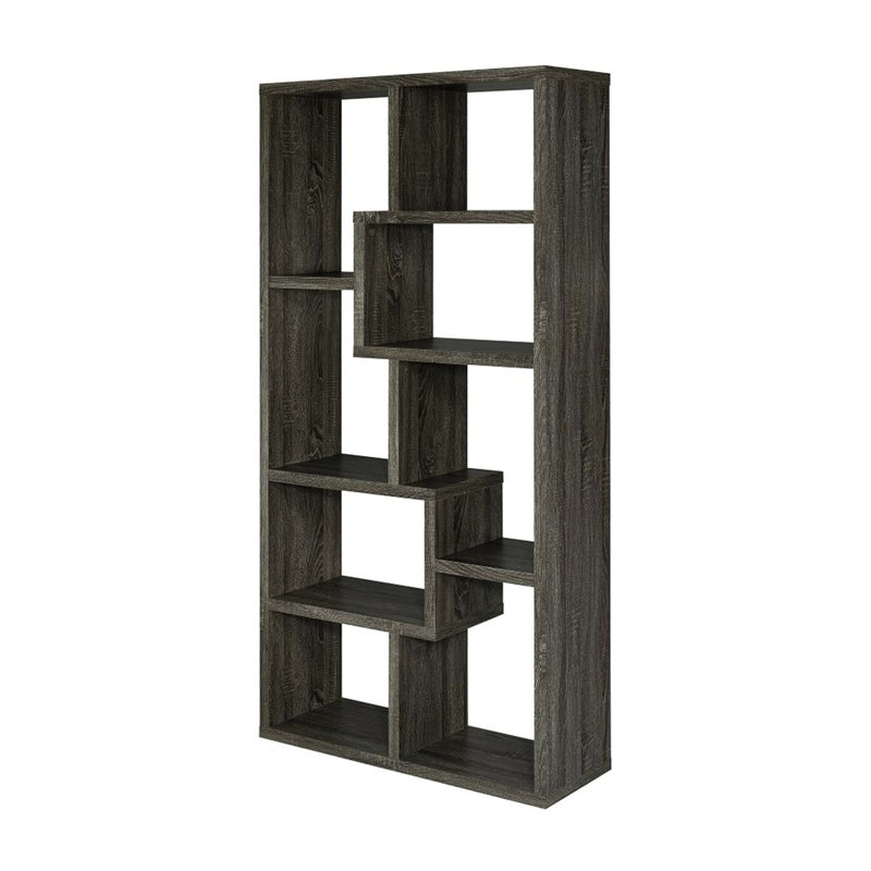Bibliothèque géométrique grise patinée à 10 tablettes, compartiments modulaires, surface à gratter, pour la maison de présentation en gris, sept ouvert, panneau de particules et placage