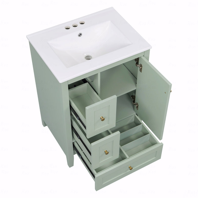 Meuble-lavabo 24 po avec rangement, tablette réglable, panneau de fibres à densité moyenne et bois d'hévéa, séparateurs amovibles