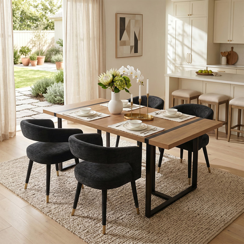 Modern 5-Piece Dining Set With 59" Rectangular Table And 4 Upholstered Arm Chairs, Black