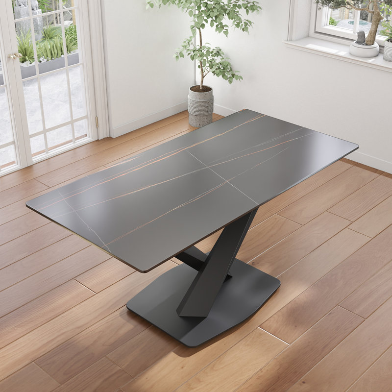 Table de salle à manger rectangulaire moderne en pierre frittée avec base piédestal, Lauren Blackgold