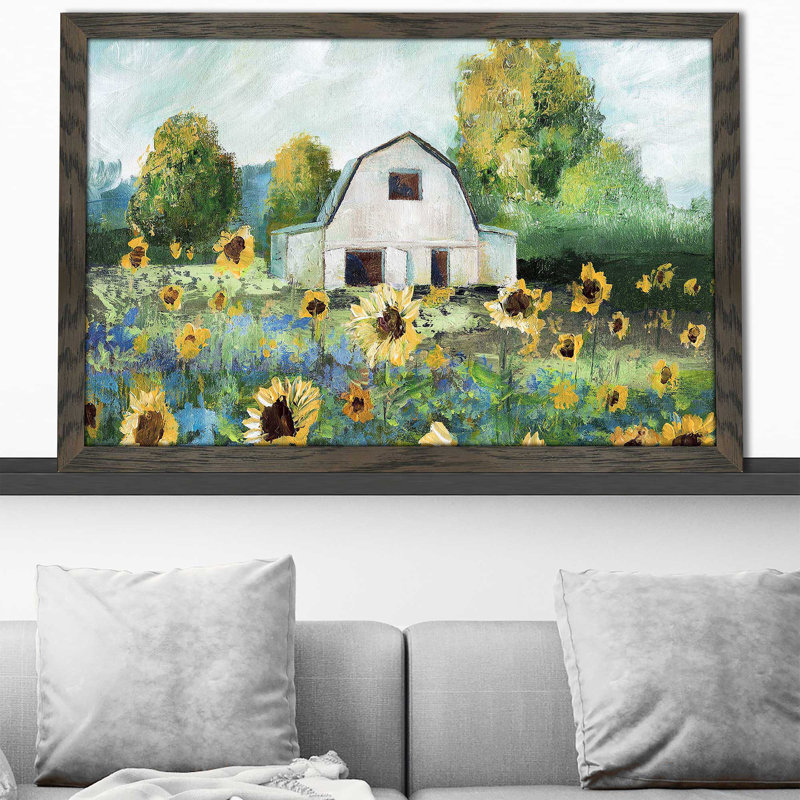 Sunflower Barn par - Peinture, Cadre chocolat patiné, H 33,5 po x l 49,5 po x P 1 po