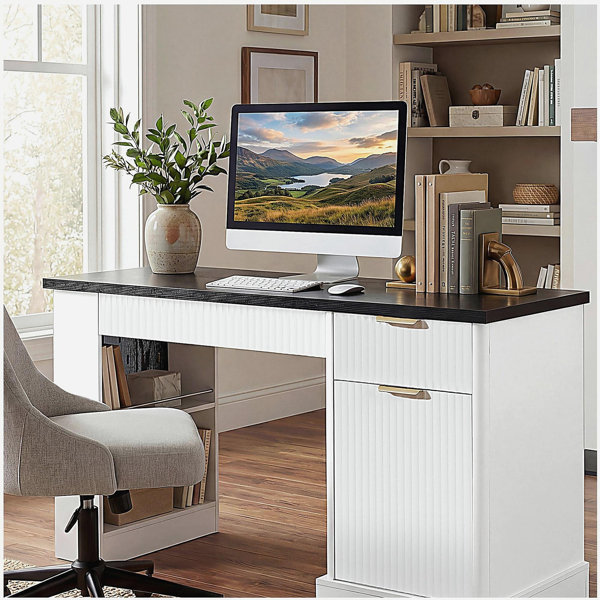 Latitude Run® 55" Modern Fluted Office Desk with Storage Cabinet ...