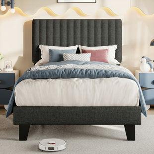 Einhomn Twin Size Bed Frame,upholstered Linen Platform Bed Frame With Fabric Headboard,solid Wood Slats Support,noise Free,no Box Spring,easy Assembly,dark Gray
