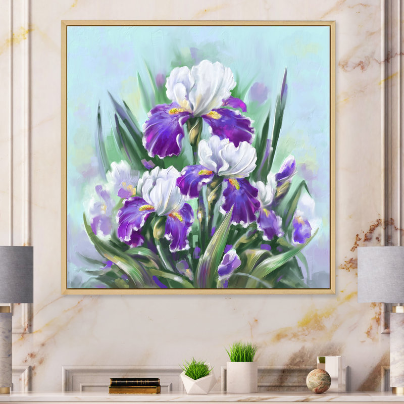 Fleurs et iris mauves en fleurs, H 36 po x l 36 po x P 1,5 po, Toile naturelle avec cadre flottant